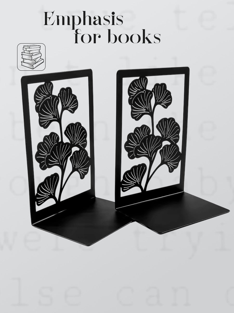 "Ginkgo Biloba" Matte Black Metal Bookends (Set of 2)
