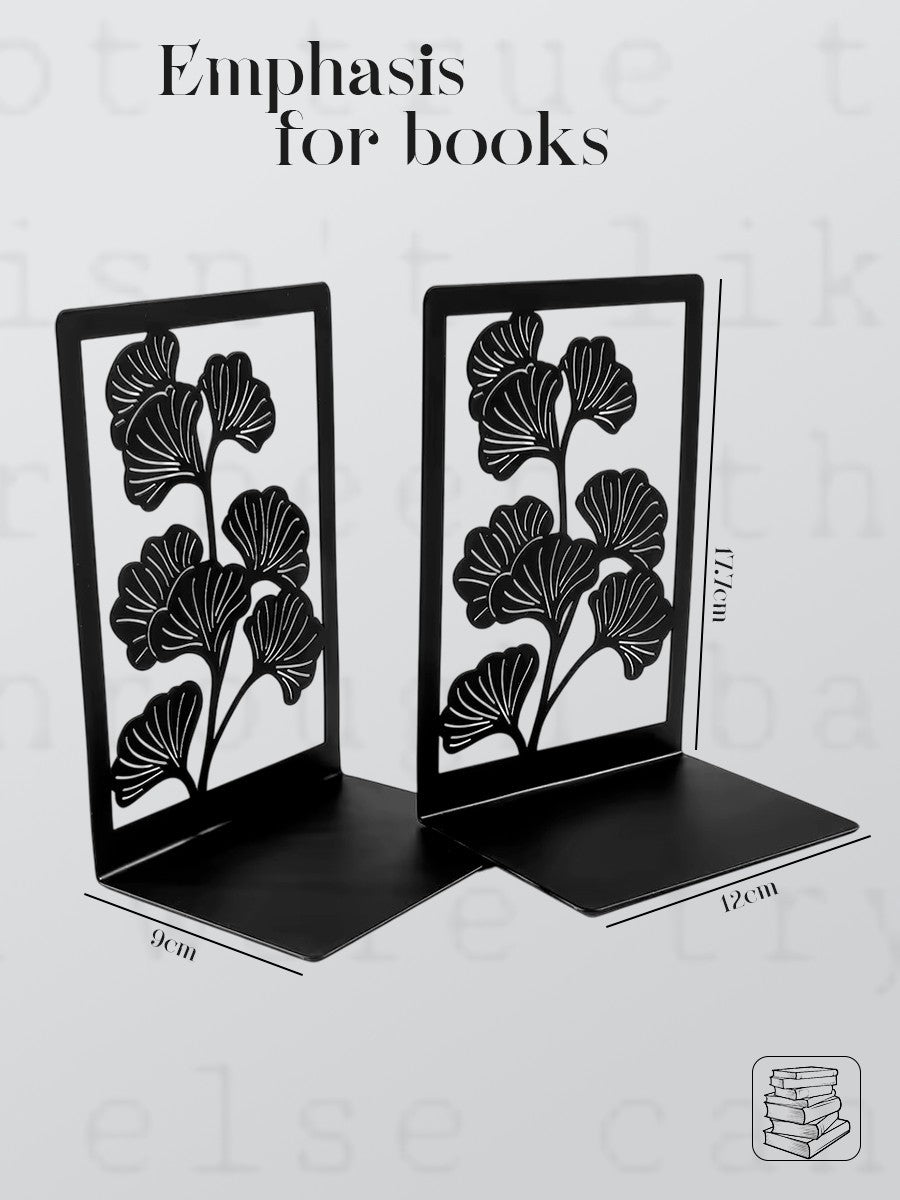 "Ginkgo Biloba" Matte Black Metal Bookends (Set of 2)
