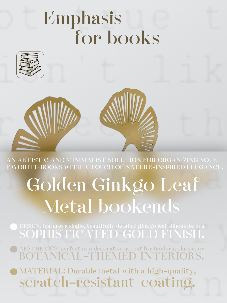 "Golden Ginkgo Leaf" Minimalist Metal Bookends (Set of 2)